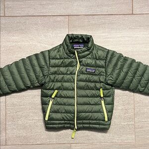 Patagonia Kids Olive Puffer Jacket with Yellow Accents